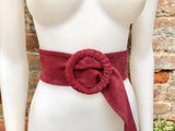 Burgundy suede waist belt with large round buckle. Boho soft suede belt in wine red. Genuine suede leather. Boho dark red suede belt