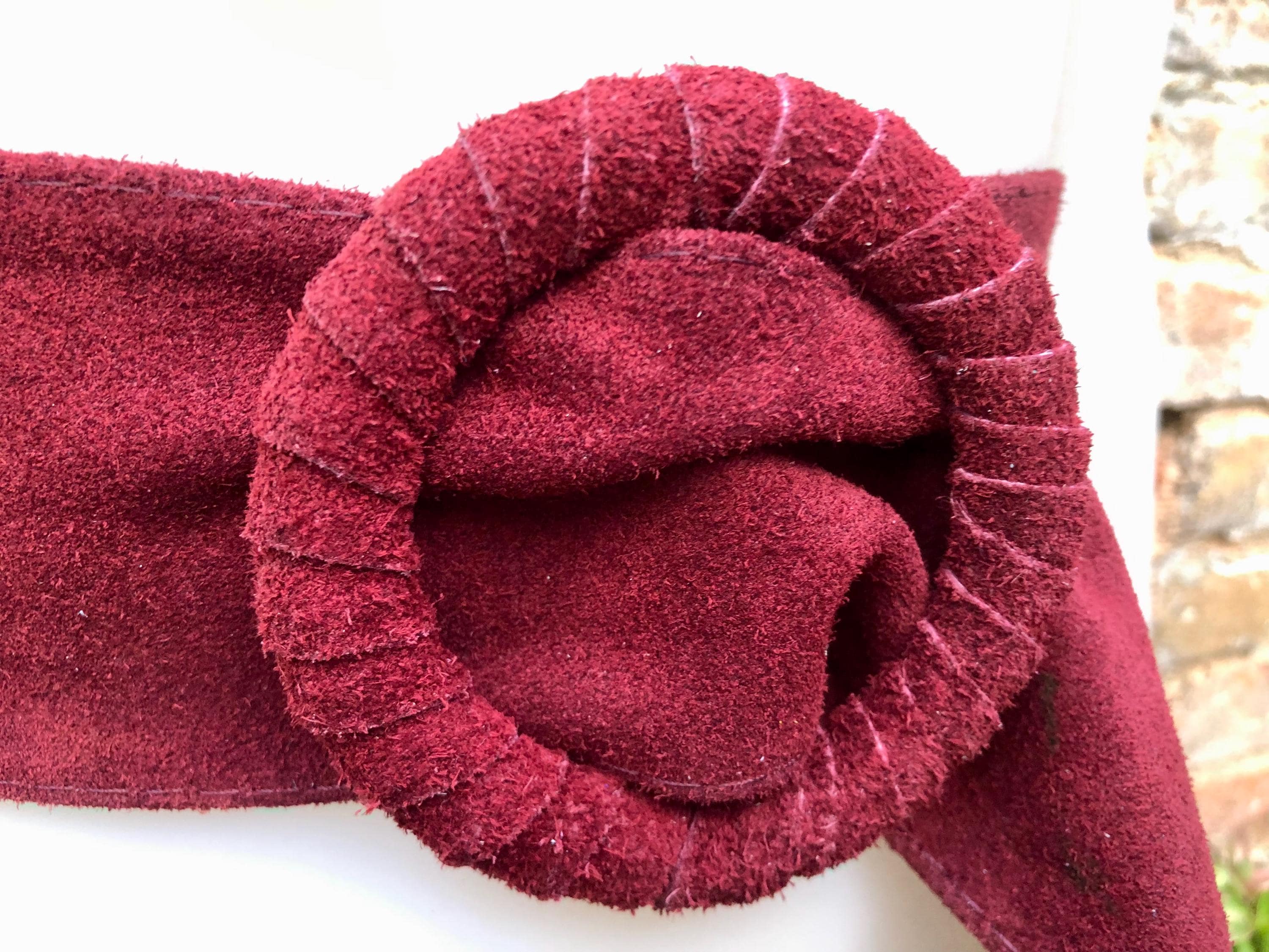 Burgundy suede waist belt with large round buckle. Boho soft suede belt in wine red. Genuine suede leather. Boho dark red suede belt