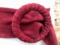 Burgundy suede waist belt with large round buckle. Boho soft suede belt in wine red. Genuine suede leather. Boho dark red suede belt