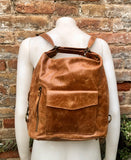 Genuine leather rucksack/ shoulder bag / crossbody in CAMEL BROWN. Soft genuine leather shopper. Carry all bag for laptops, tablets, books..