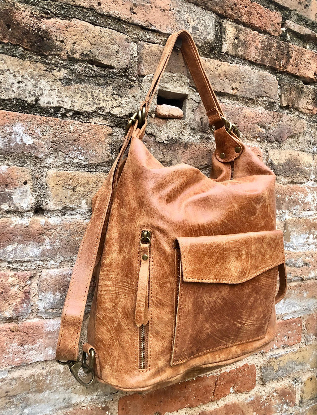 Genuine leather rucksack/ shoulder bag / crossbody in CAMEL BROWN. Soft genuine leather shopper. Carry all bag for laptops, tablets, books..