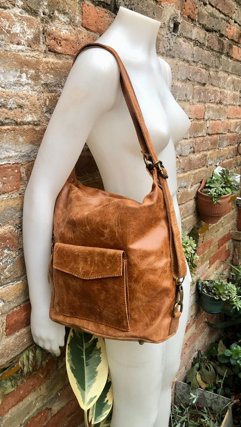 Genuine leather rucksack/ shoulder bag / crossbody in CAMEL BROWN. Soft genuine leather shopper. Carry all bag for laptops, tablets, books..