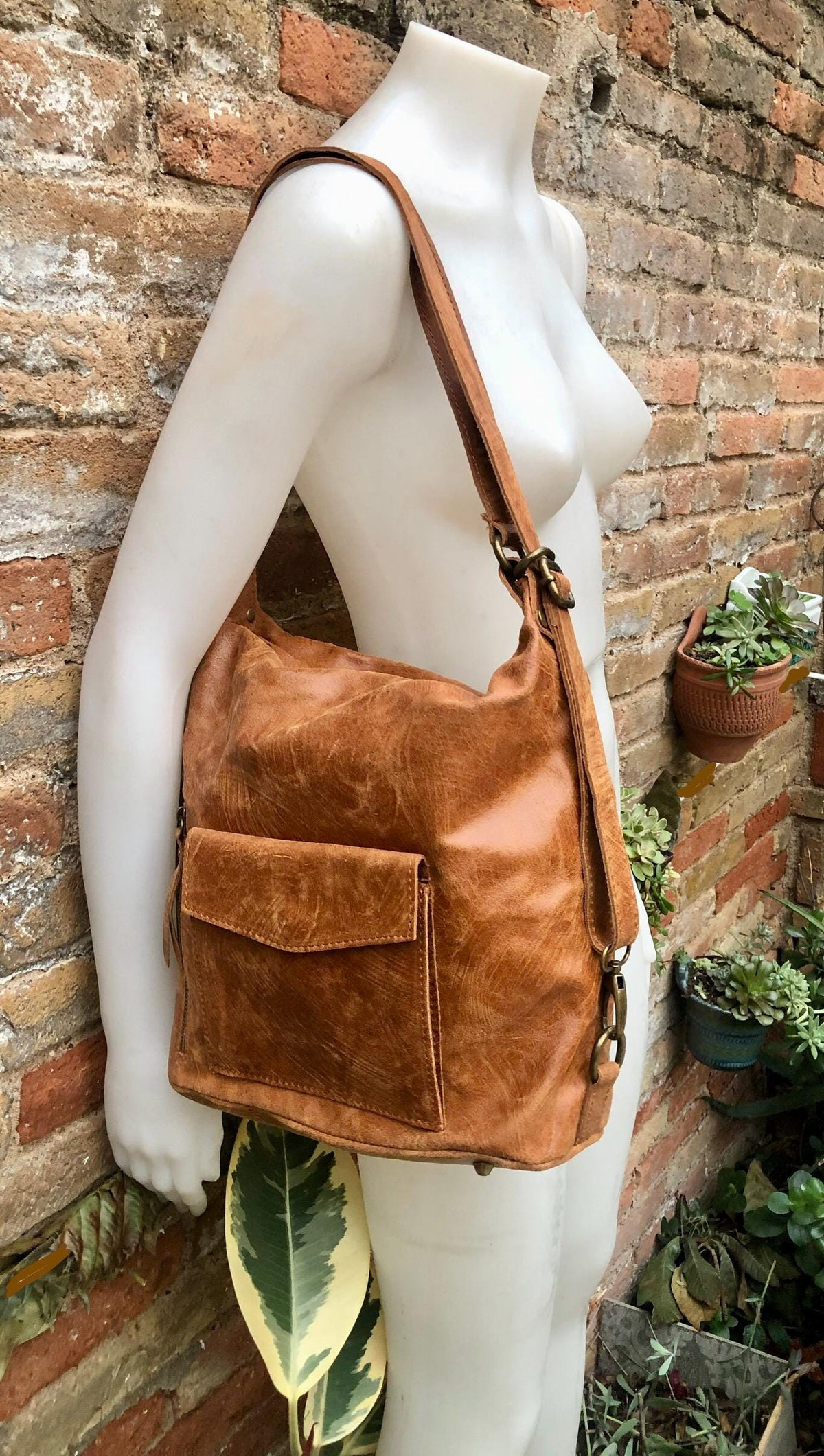 Genuine leather rucksack/ shoulder bag / crossbody in CAMEL BROWN. Soft genuine leather shopper. Carry all bag for laptops, tablets, books..