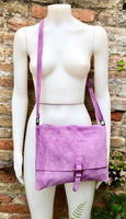 Suede bag in PURPLE. Soft genuine suede leather shoulder / messenger bag. Lilac suede purse. Mauve suede crossbody.Flap + zipper