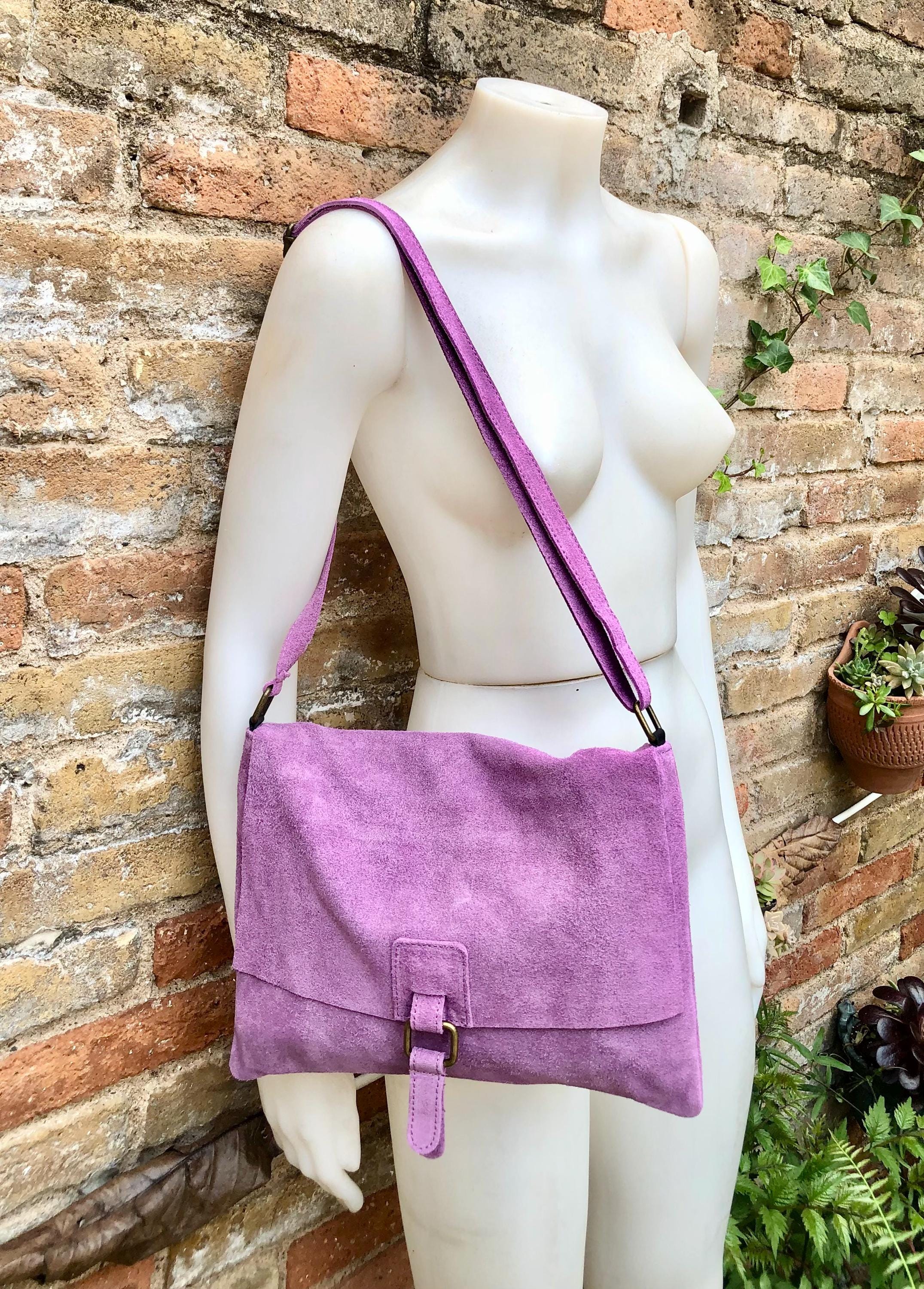Suede bag in PURPLE. Soft genuine suede leather shoulder / messenger bag. Lilac suede purse. Mauve suede crossbody.Flap + zipper