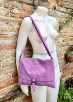 Suede bag in PURPLE. Soft genuine suede leather shoulder / messenger bag. Lilac suede purse. Mauve suede crossbody.Flap + zipper
