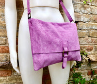 Suede bag in PURPLE. Soft genuine suede leather shoulder / messenger bag. Lilac suede purse. Mauve suede crossbody.Flap + zipper
