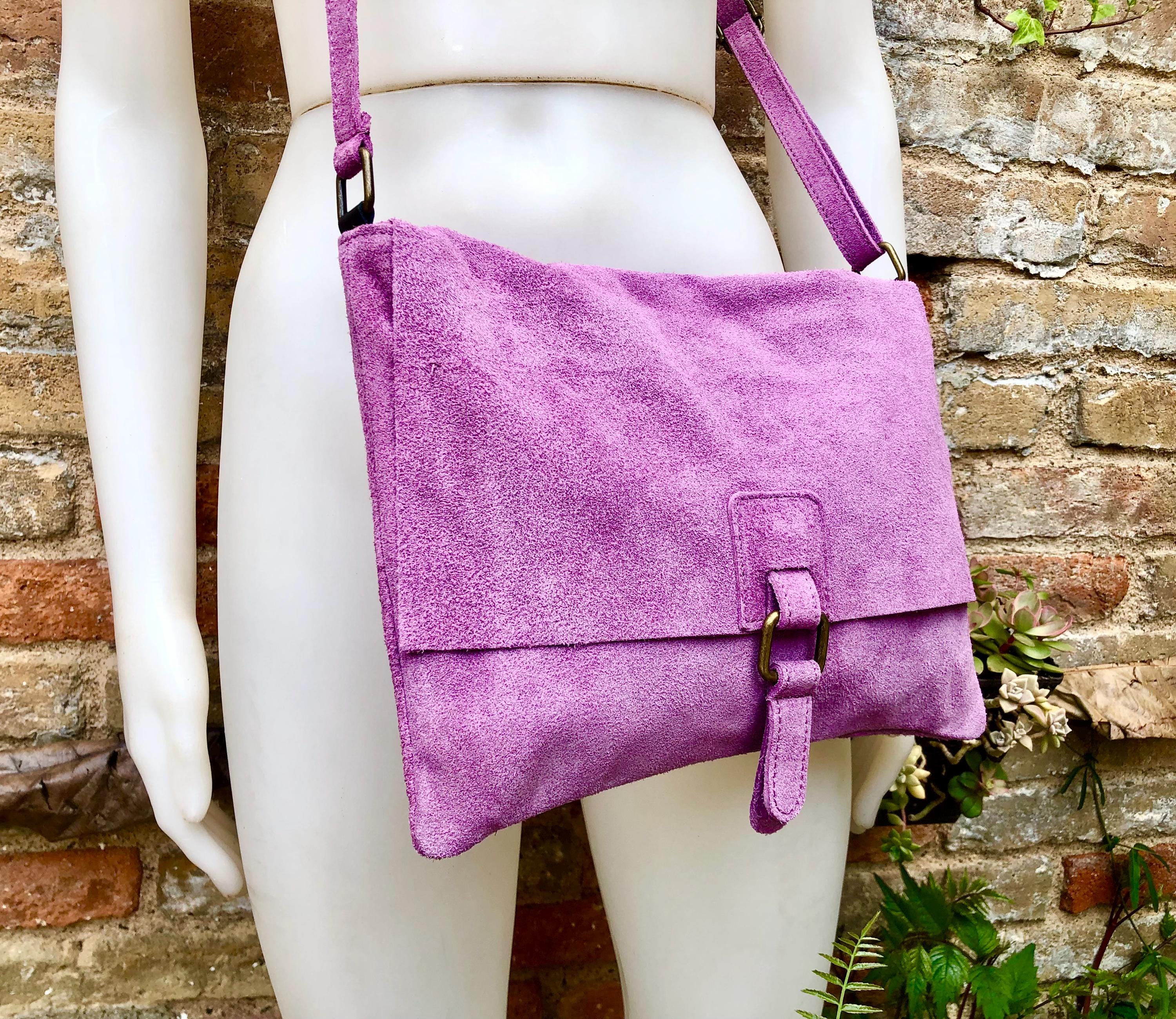 Suede bag in PURPLE. Soft genuine suede leather shoulder / messenger bag. Lilac suede purse. Mauve suede crossbody.Flap + zipper