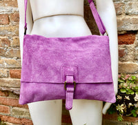 Suede bag in PURPLE. Soft genuine suede leather shoulder / messenger bag. Lilac suede purse. Mauve suede crossbody.Flap + zipper