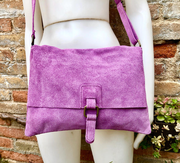 Suede bag in PURPLE. Soft genuine suede leather shoulder / messenger bag. Lilac suede purse. Mauve suede crossbody.Flap + zipper