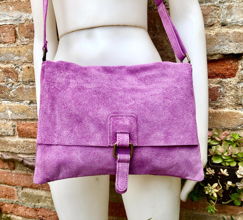 Suede bag in PURPLE. Soft genuine suede leather shoulder / messenger bag. Lilac suede purse. Mauve suede crossbody.Flap + zipper