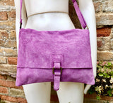 Suede bag in PURPLE. Soft genuine suede leather shoulder / messenger bag. Lilac suede purse. Mauve suede crossbody.Flap + zipper