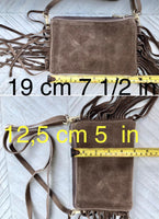 Small taupe brown crossbody fringed bag. BOHO suede leather bag with FRINGES. Greyge brown genuine suede leather. Tan suede purse.