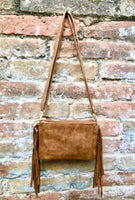 Small camel brown crossbody fringed bag. BOHO suede leather bag with FRINGES. Tobacco brown genuine suede leather. Warm tan suede purse.