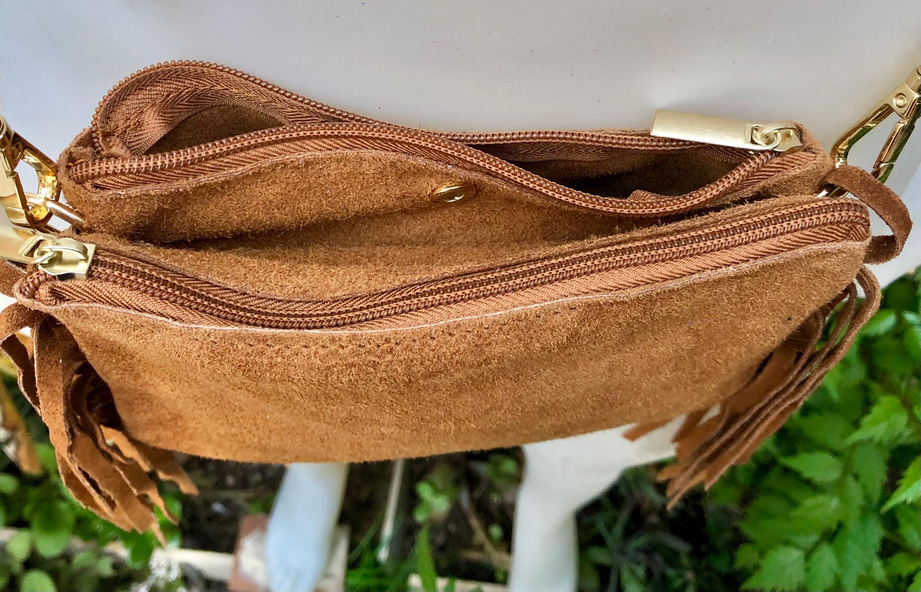 Small camel brown crossbody fringed bag. BOHO suede leather bag with FRINGES. Tobacco brown genuine suede leather. Warm tan suede purse.