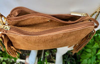 Small camel brown crossbody fringed bag. BOHO suede leather bag with FRINGES. Tobacco brown genuine suede leather. Warm tan suede purse.