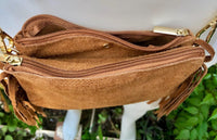 Small camel brown crossbody fringed bag. BOHO suede leather bag with FRINGES. Tobacco brown genuine suede leather. Warm tan suede purse.