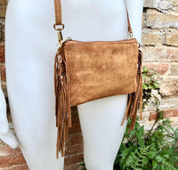Small camel brown crossbody fringed bag. BOHO suede leather bag with FRINGES. Tobacco brown genuine suede leather. Warm tan suede purse.