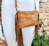Small camel brown crossbody fringed bag. BOHO suede leather bag with FRINGES. Tobacco brown genuine suede leather. Warm tan suede purse.