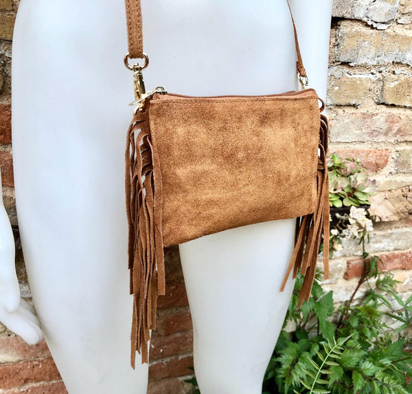 Small camel brown crossbody fringed bag. BOHO suede leather bag with FRINGES. Tobacco brown genuine suede leather. Warm tan suede purse.