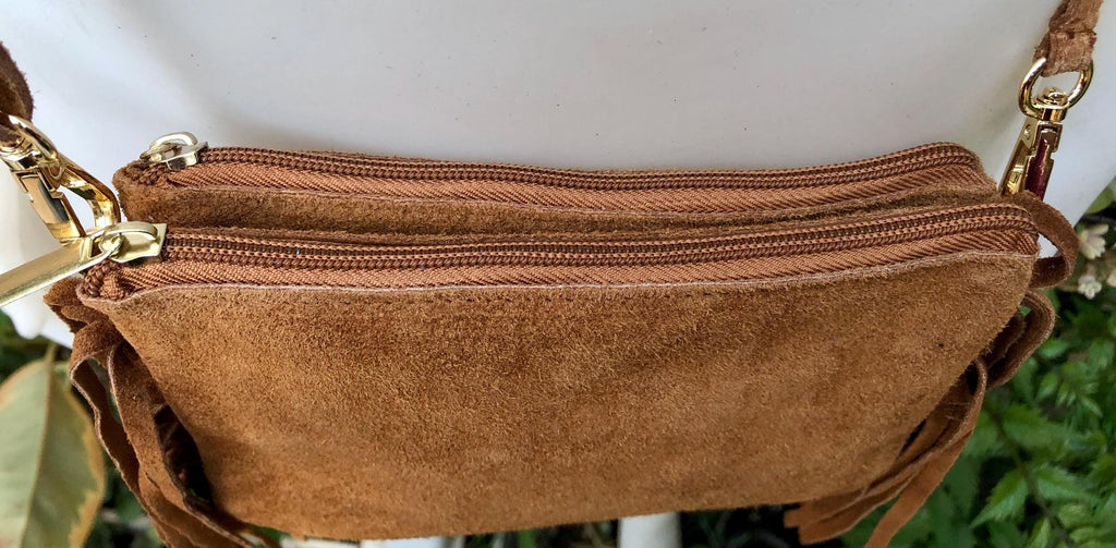 Small camel brown crossbody fringed bag. BOHO suede leather bag with FRINGES. Tobacco brown genuine suede leather. Warm tan suede purse.