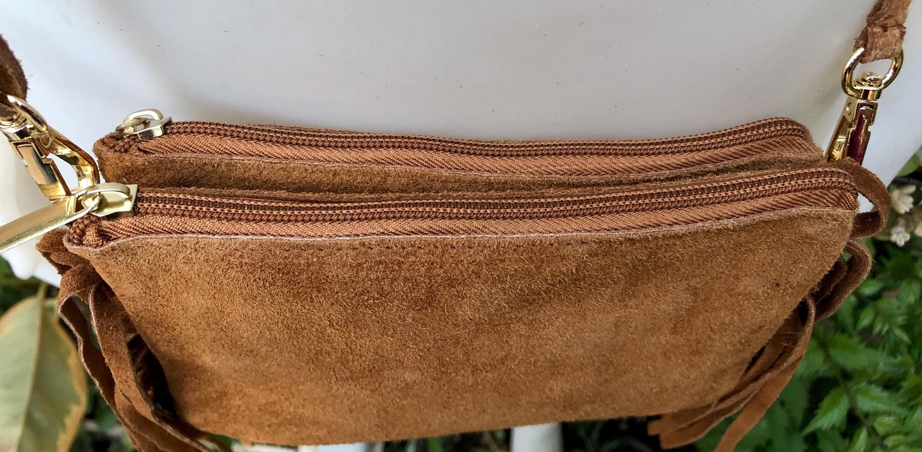 Small camel brown crossbody fringed bag. BOHO suede leather bag with FRINGES. Tobacco brown genuine suede leather. Warm tan suede purse.