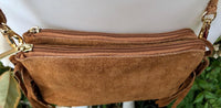 Small camel brown crossbody fringed bag. BOHO suede leather bag with FRINGES. Tobacco brown genuine suede leather. Warm tan suede purse.