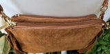 Small camel brown crossbody fringed bag. BOHO suede leather bag with FRINGES. Tobacco brown genuine suede leather. Warm tan suede purse.