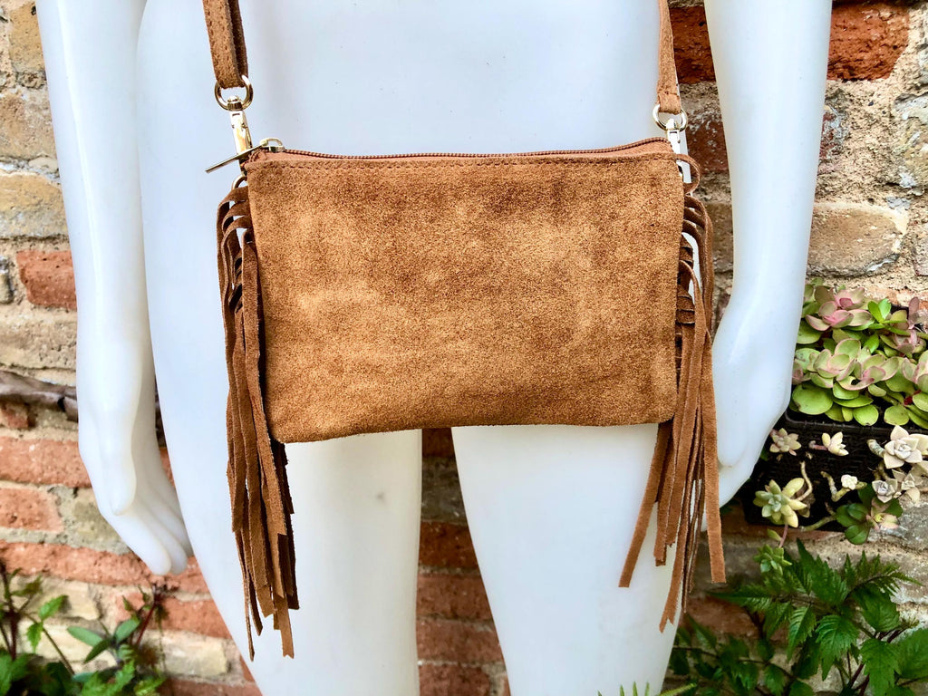 Small camel brown crossbody fringed bag. BOHO suede leather bag with FRINGES. Tobacco brown genuine suede leather. Warm tan suede purse.