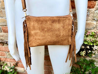 Small camel brown crossbody fringed bag. BOHO suede leather bag with FRINGES. Tobacco brown genuine suede leather. Warm tan suede purse.