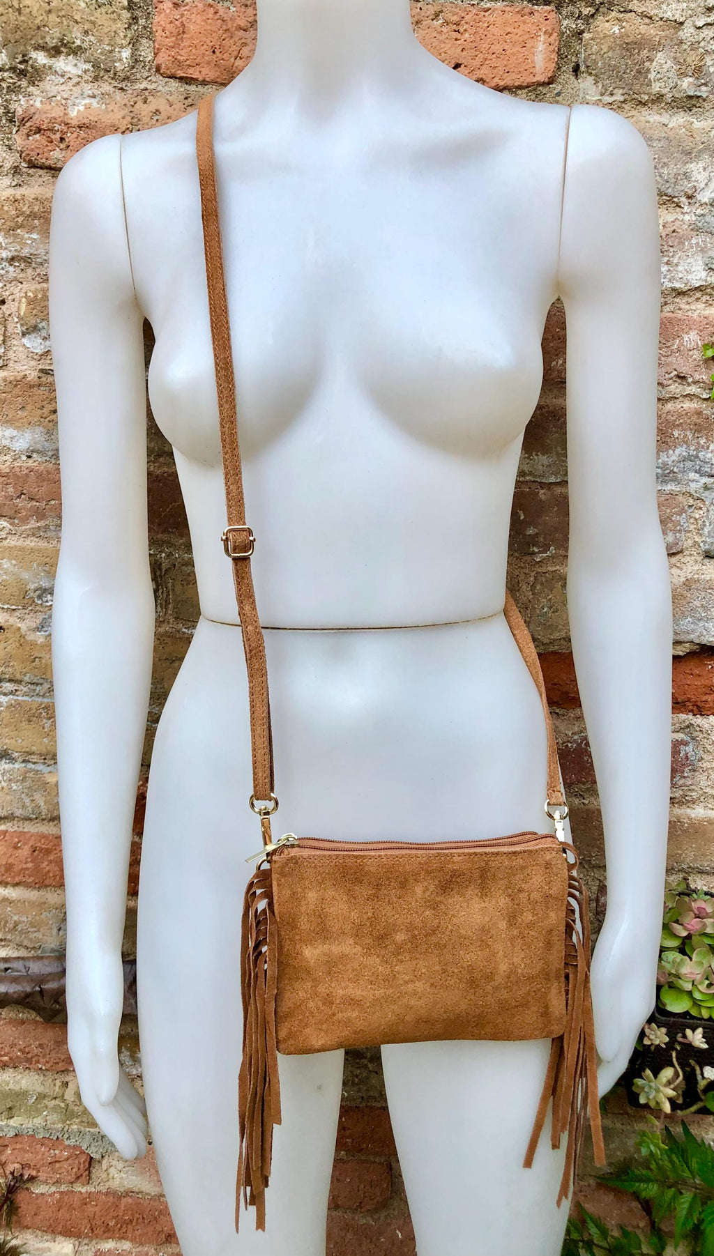 Small camel brown crossbody fringed bag. BOHO suede leather bag with FRINGES. Tobacco brown genuine suede leather. Warm tan suede purse.