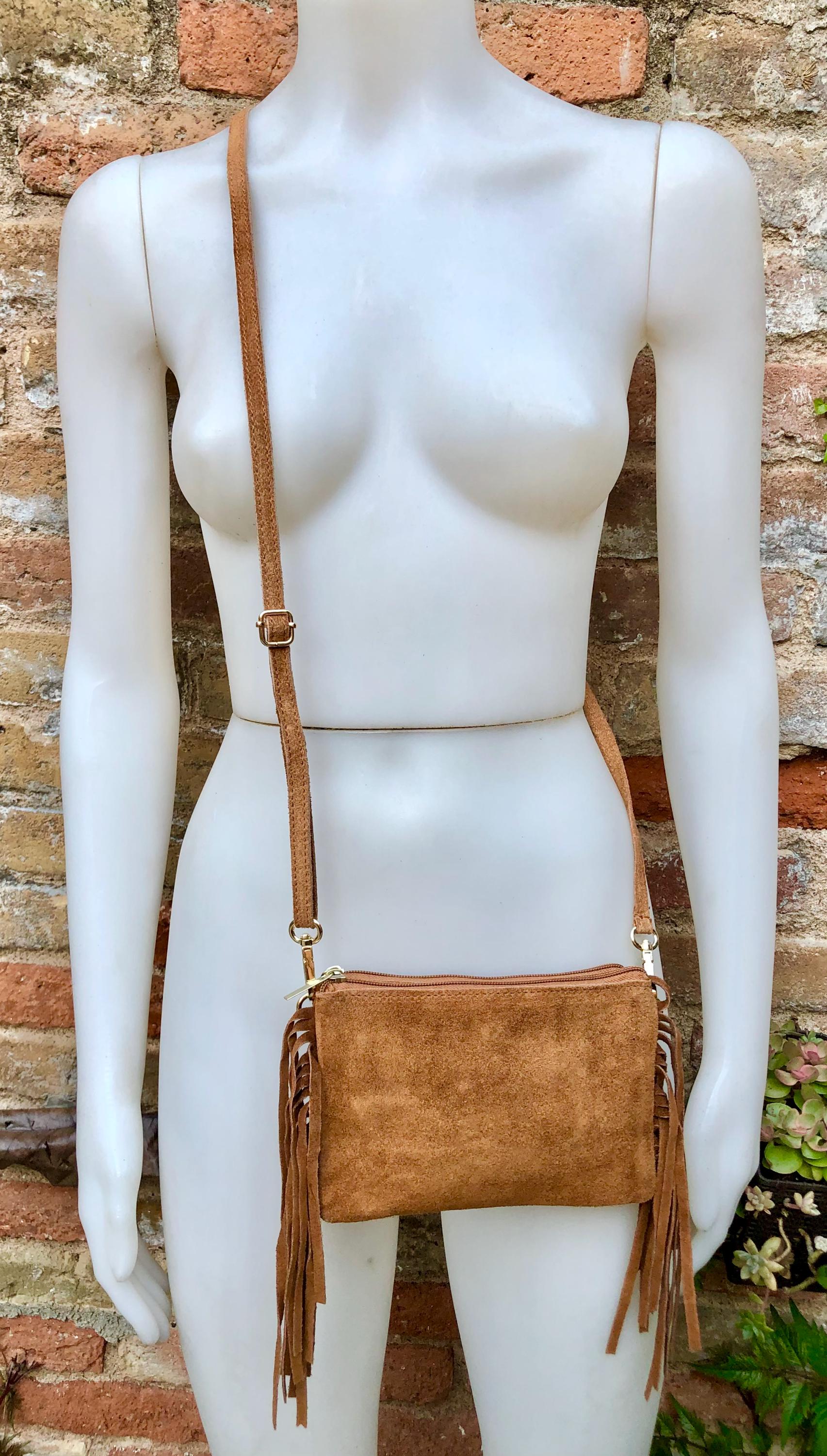 Small camel brown crossbody fringed bag. BOHO suede leather bag with FRINGES. Tobacco brown genuine suede leather. Warm tan suede purse.