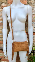 Small camel brown crossbody fringed bag. BOHO suede leather bag with FRINGES. Tobacco brown genuine suede leather. Warm tan suede purse.