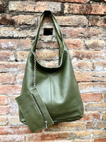 Slouch bag. Tote leather bag in dark khaki green with ZIPPER. Soft genuine leather. Green leather purse. Wide strap leather shoulder bag.