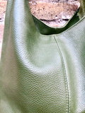 Slouch bag. Tote leather bag in dark khaki green with ZIPPER. Soft genuine leather. Green leather purse. Wide strap leather shoulder bag.