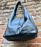 Slouch bag. Tote leather bag in black metallic leather with ZIPPER. Genuine leather. Black leather purse. Metallic leather shoulder bag