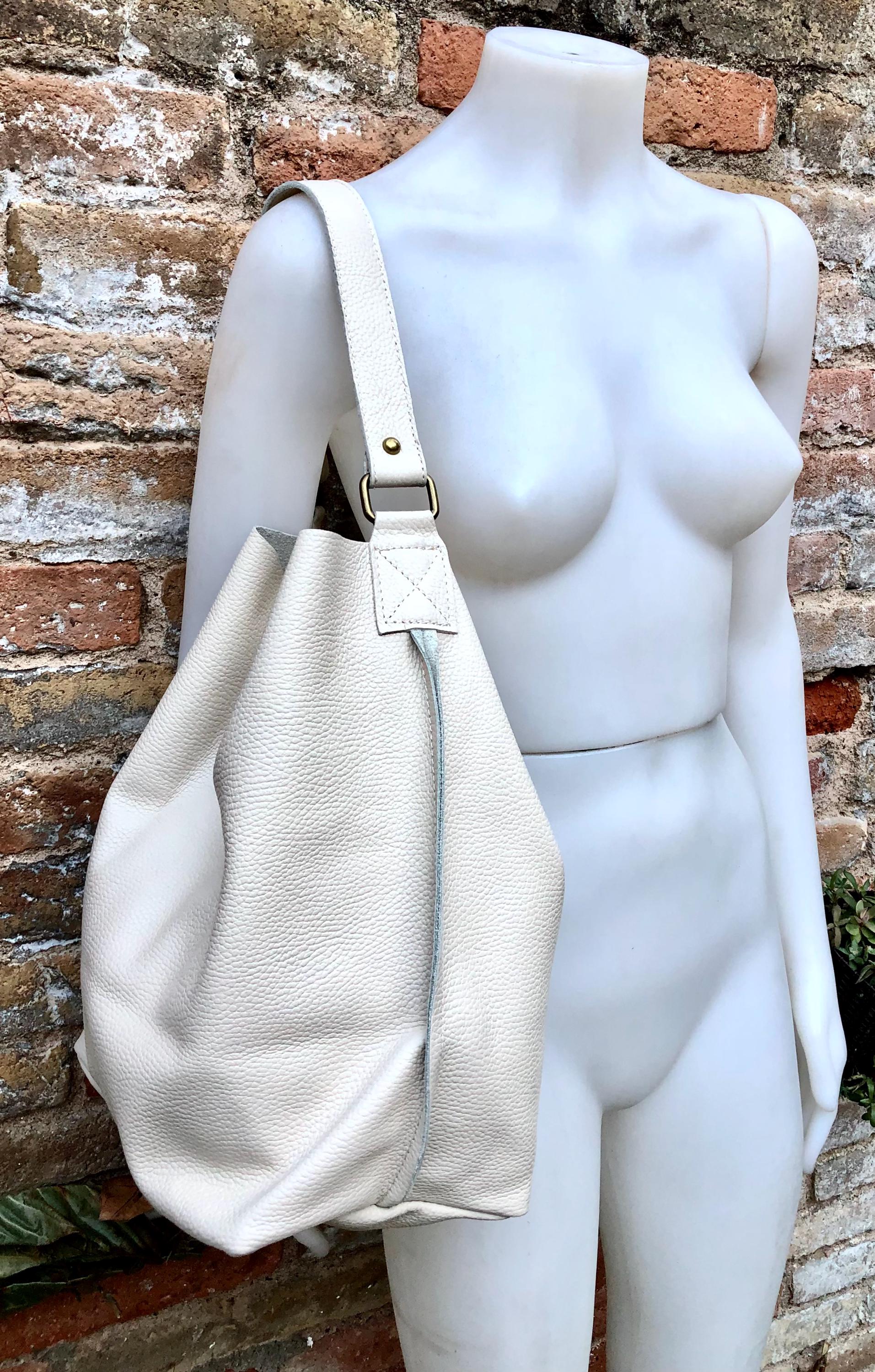 Slouch leather shopper bag in creamy white. Very light beige hobo shoulder bag. Genuine leather book / tablet bag. Cream leather purse