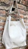 Slouch leather shopper bag in creamy white. Very light beige hobo shoulder bag. Genuine leather book / tablet bag. Cream leather purse