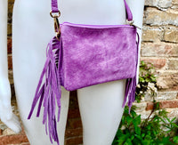 Small purple crossbody fringed bag. BOHO suede leather bag with FRINGES. Lilac genuine suede leather. Mauve suede purse. Warm lavender suede