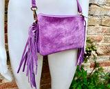 Small purple crossbody fringed bag. BOHO suede leather bag with FRINGES. Lilac genuine suede leather. Mauve suede purse. Warm lavender suede