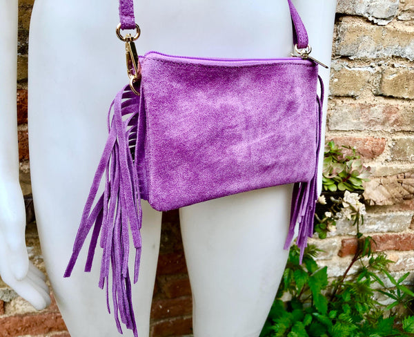 Small purple crossbody fringed bag. BOHO suede leather bag with FRINGES. Lilac genuine suede leather. Mauve suede purse. Warm lavender suede