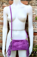 Small purple crossbody fringed bag. BOHO suede leather bag with FRINGES. Lilac genuine suede leather. Mauve suede purse. Warm lavender suede