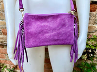 Small purple crossbody fringed bag. BOHO suede leather bag with FRINGES. Lilac genuine suede leather. Mauve suede purse. Warm lavender suede