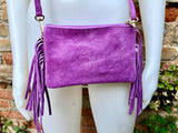 Small purple crossbody fringed bag. BOHO suede leather bag with FRINGES. Lilac genuine suede leather. Mauve suede purse. Warm lavender suede