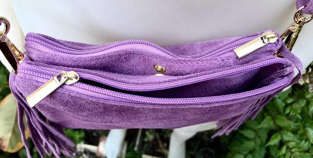 Small purple crossbody fringed bag. BOHO suede leather bag with FRINGES. Lilac genuine suede leather. Mauve suede purse. Medium purple suede