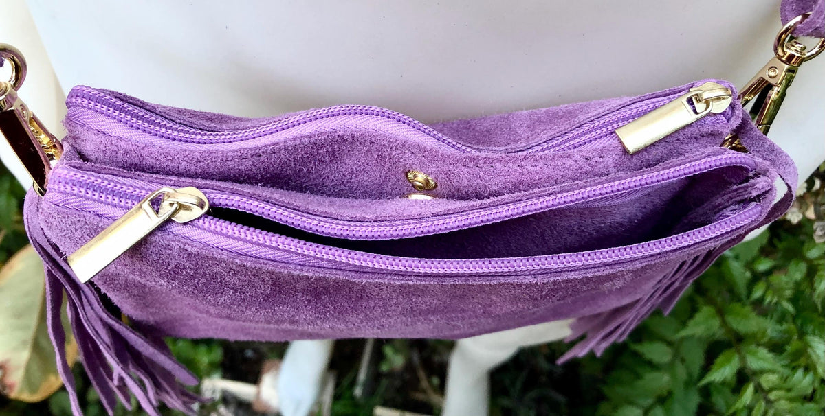 Small purple crossbody fringed bag. BOHO suede leather bag with FRINGES. Lilac genuine suede leather. Mauve suede purse. Medium purple suede