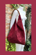 Slouch leather bag in BURGUNDY. Large shoulder leather bag. Boho bag. Laptop bags in suede. Origami suede leather bag. WINE RED suede purse.
