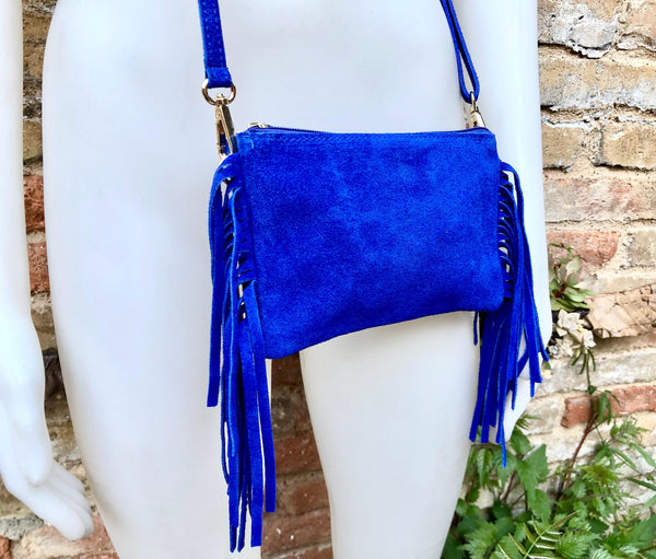 Small royal blue crossbody fringed bag. BOHO suede leather bag with FRINGES. Cobalt genuine suede leather. Royal blue suede purse