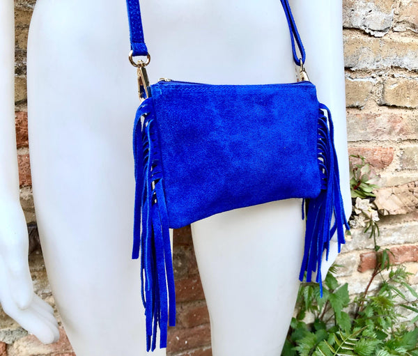Small royal blue crossbody fringed bag. BOHO suede leather bag with FRINGES. Cobalt genuine suede leather. Royal blue suede purse