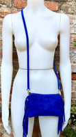 Small royal blue crossbody fringed bag. BOHO suede leather bag with FRINGES. Cobalt genuine suede leather. Royal blue suede purse